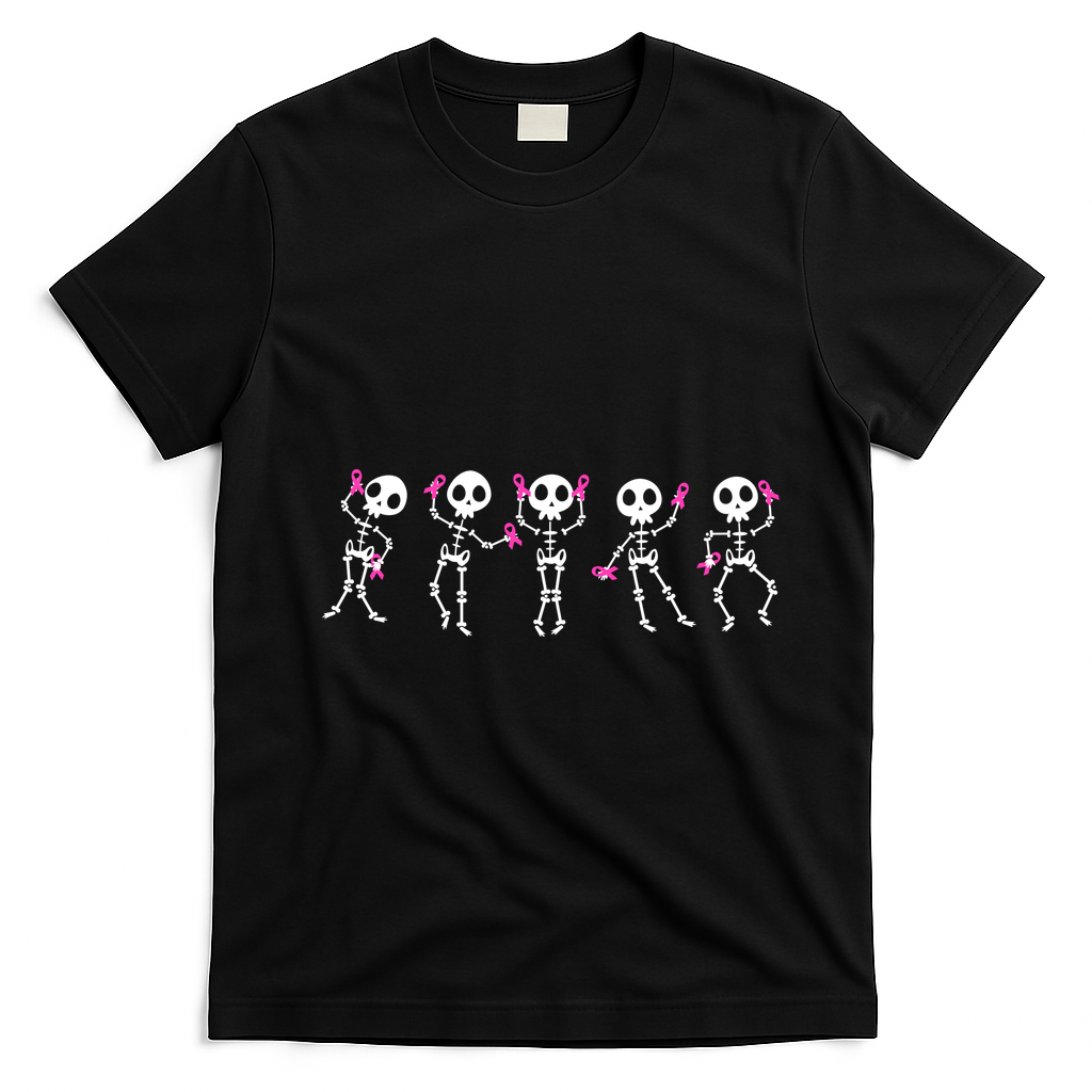 Funny Breast Cancer Awareness Dancing Halloween Skeletons T-Shirt - Black