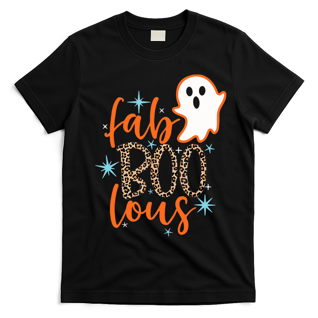 Funny Cute Boo Ghost Halloween Fab-Boo Lous Leopard T-Shirt - Black
