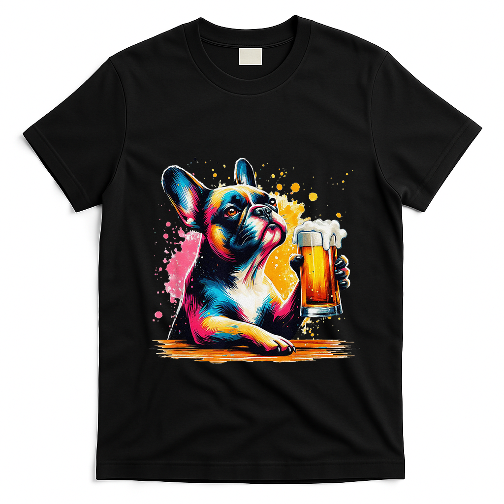 French Dog Beer Drinker Funny French Bulldog T-Shirt - Black