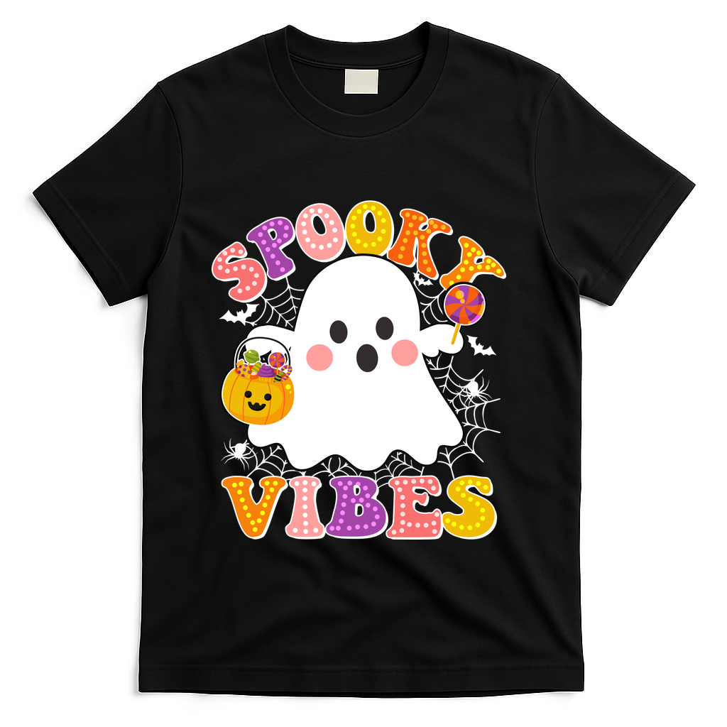 Funny Halloween Spooky Vibes Trick Or Treating Ghost T-Shirt - Black