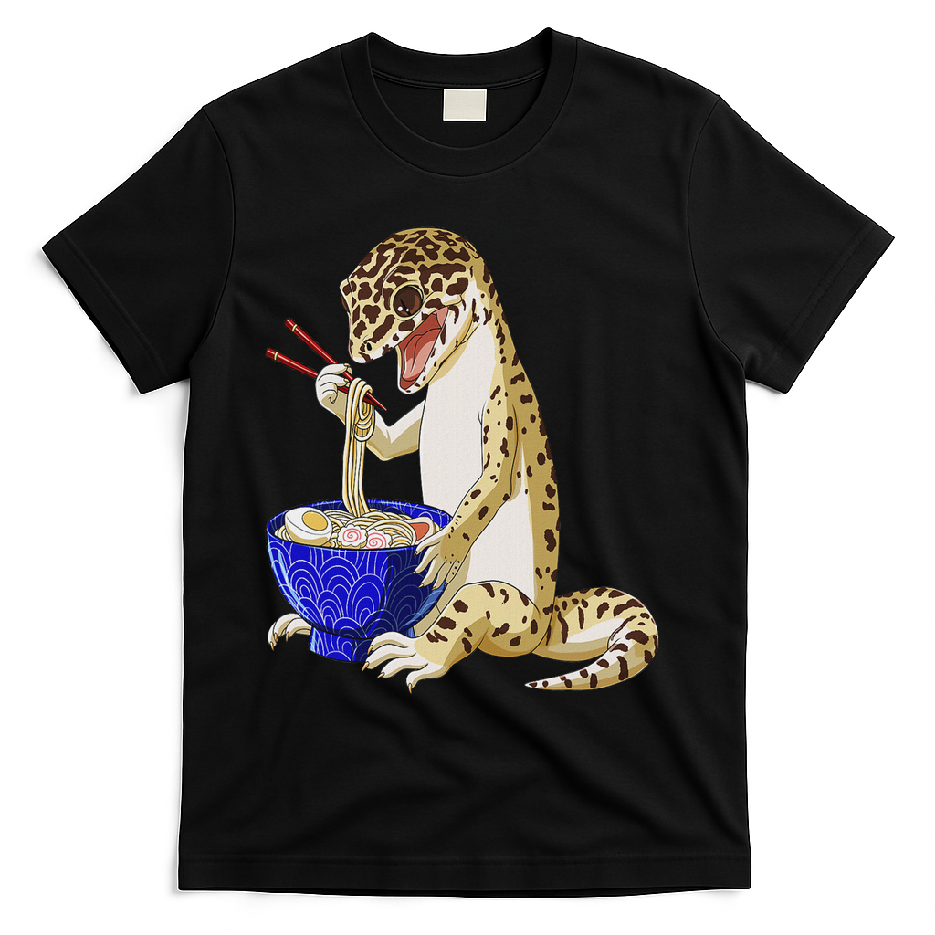 Funny Japanese Kawaii Ramen Reptile Leopard Gecko T-Shirt - Black