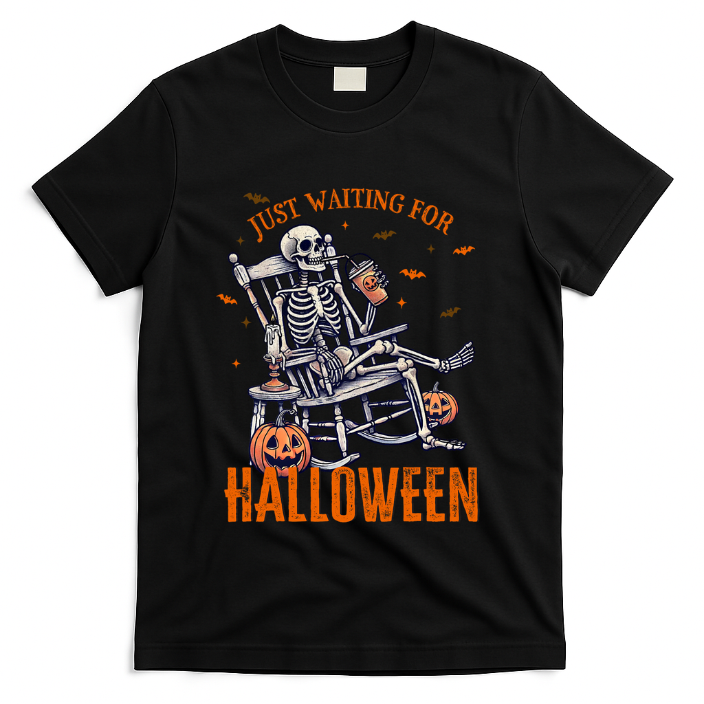 Funny Skeleton Christmas Design Just Waiting For Halloween T-Shirt - Black