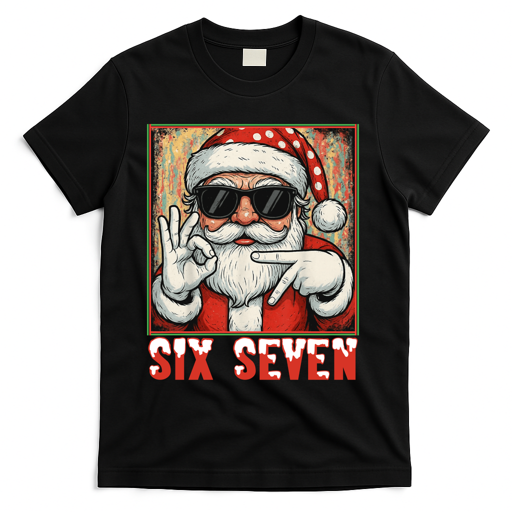 Funny Six Seven Meme Christmas Cool Santa Saying T-Shirt - Black