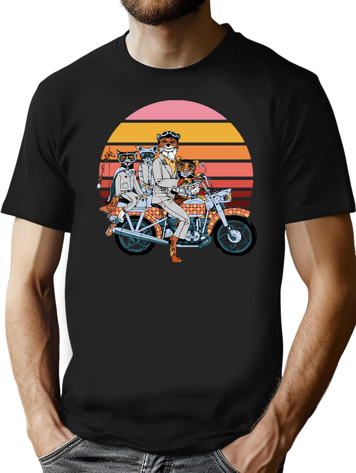 Fantastic Mr. Fox And Family On A Motorbike Black T-Shirt - Black