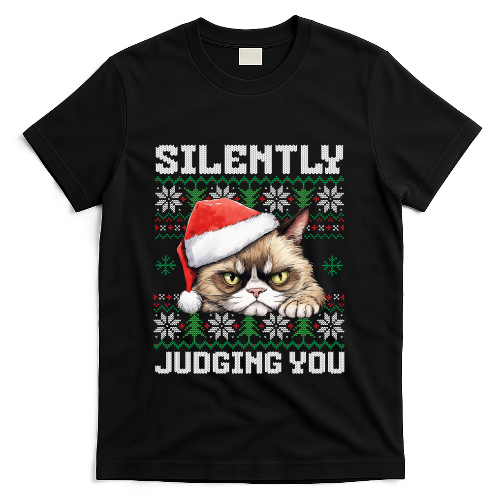 Grumpy Christmas Cat Ugly Silently Judging You Cat Gift T-Shirt - Black