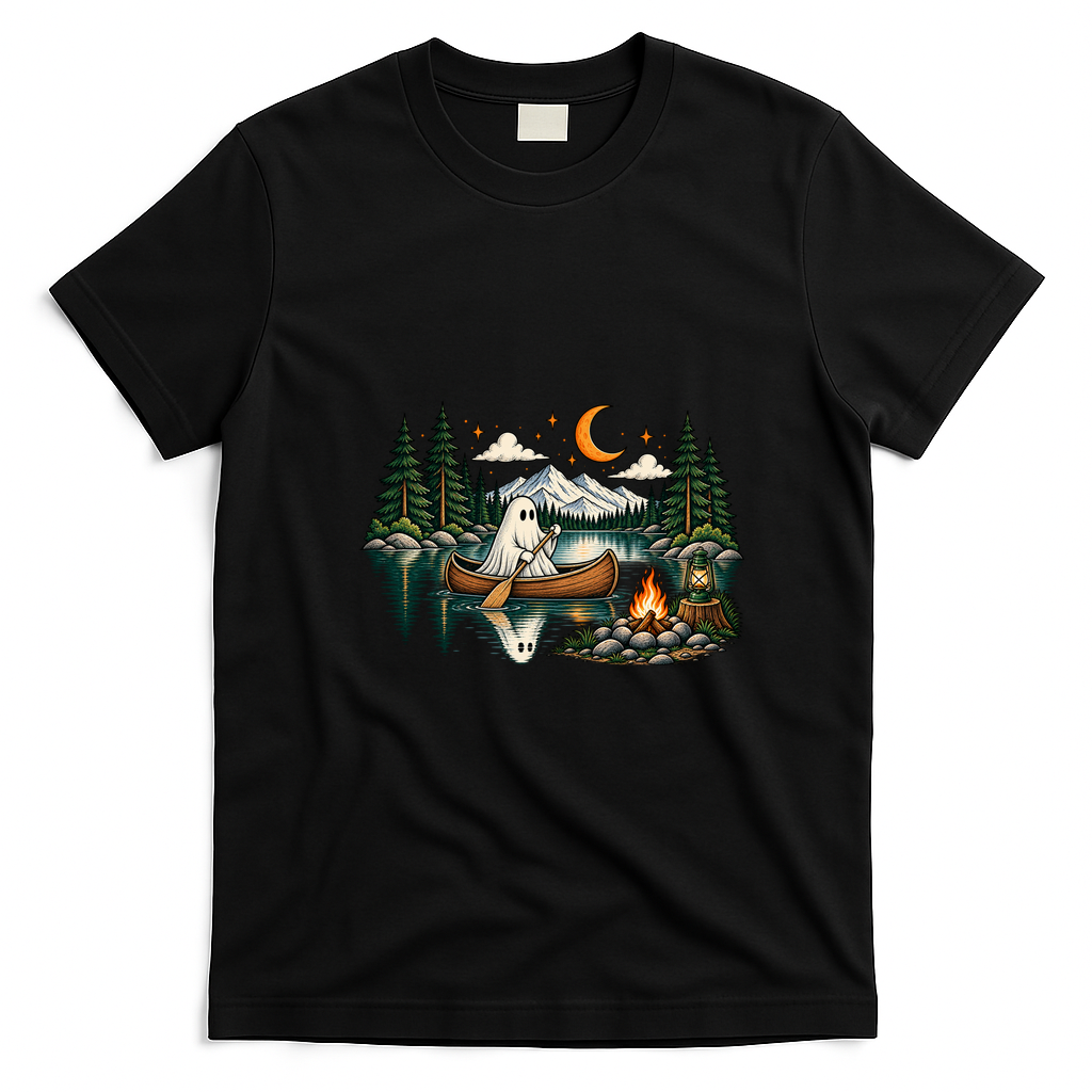 Ghost Canoeing Moonlight Camping Halloween Adventure T-Shirt - Black