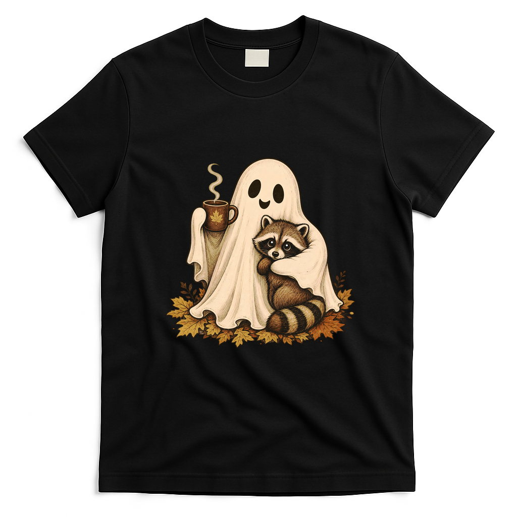 Ghost Hugging Raccoon Coffee Cup Cute Halloween T-Shirt - Black