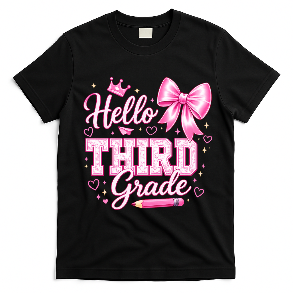 Hello 3rd Grade Girls Teacher Coquette Bow Back To School T-Shirt - Black