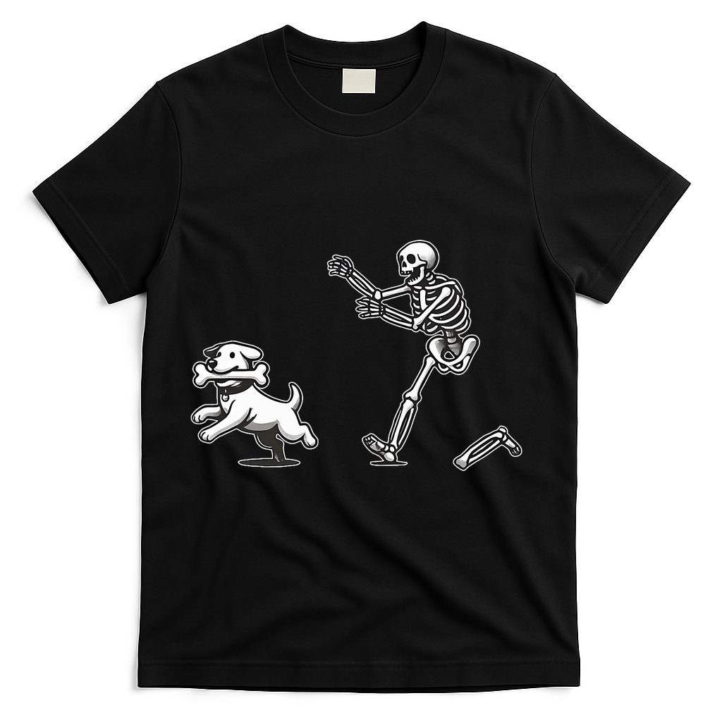Halloween Dog Funny Skeleton Skeleton Chasing Dog T-Shirt - Black