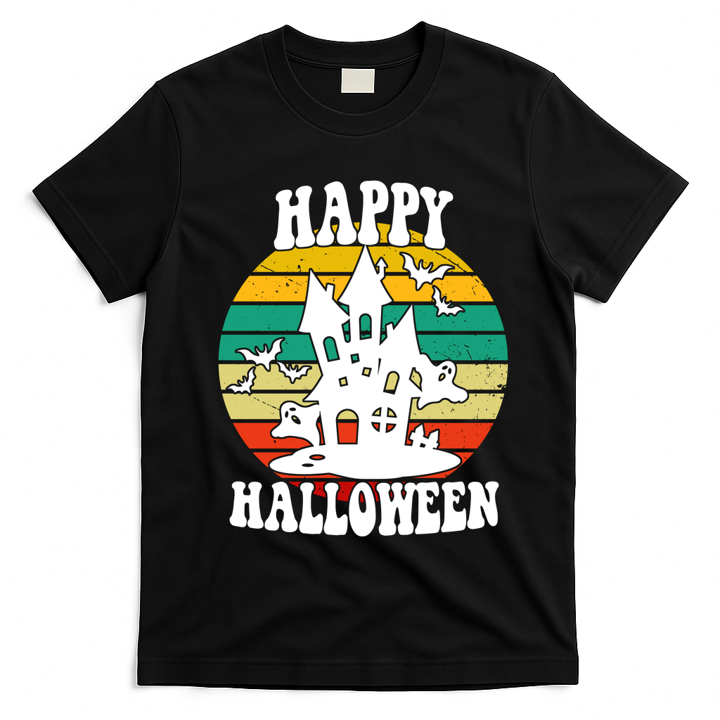 Happy Halloween Hunted House Vintage T-Shirt - Black