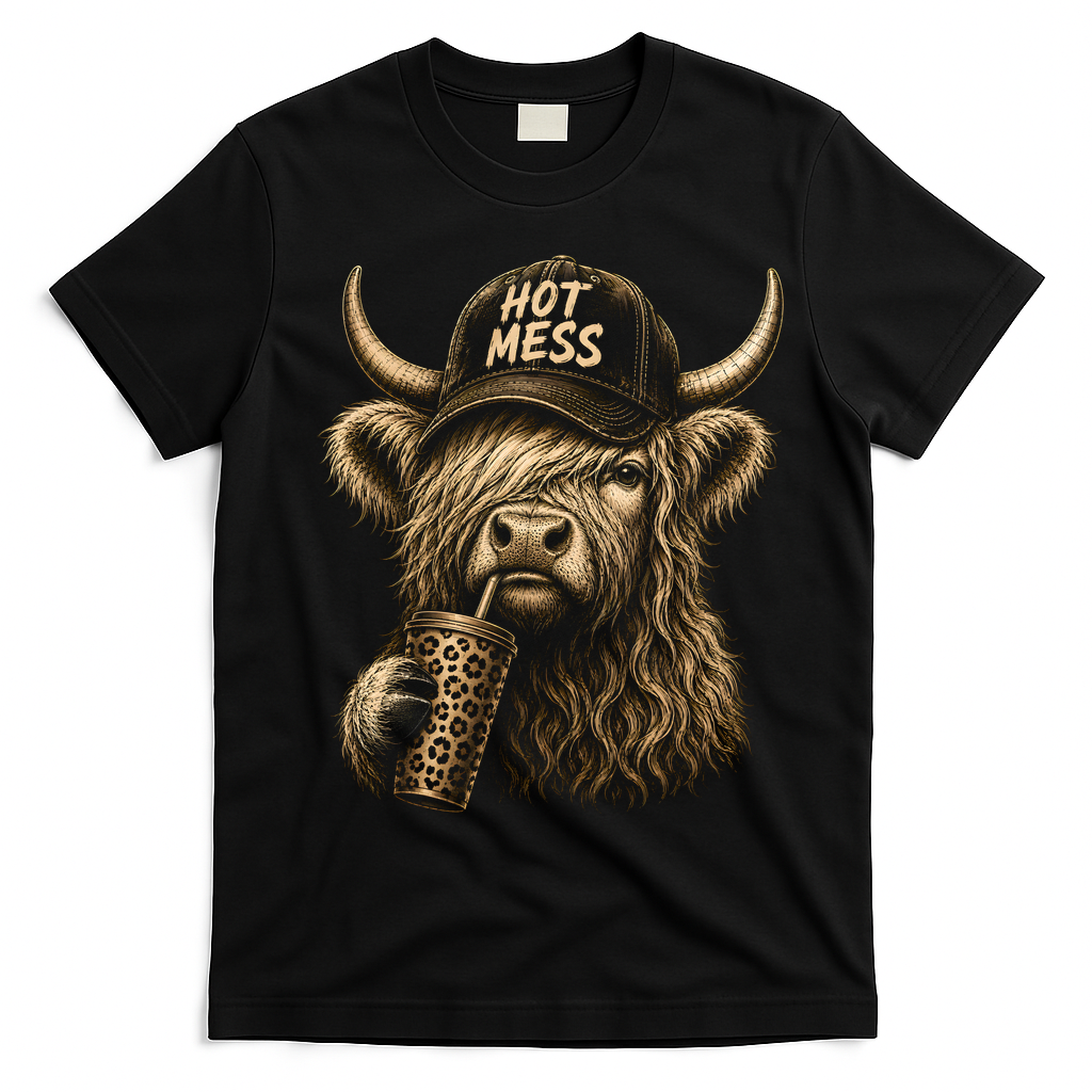 Hot Mess Highland Cow Funny T-Shirt - Black