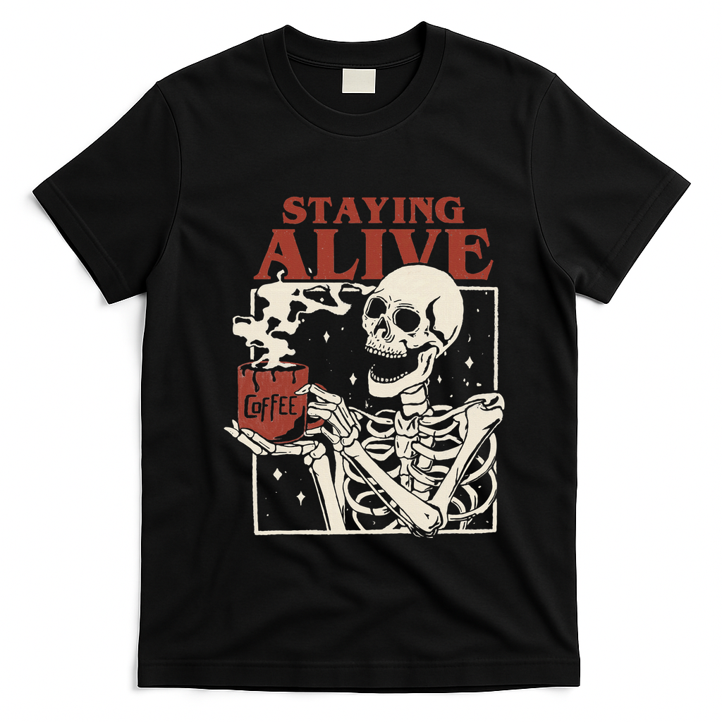 Halloween Staying Alive Skeleton Drink Coffee Funny Skeleton T-Shirt - Black
