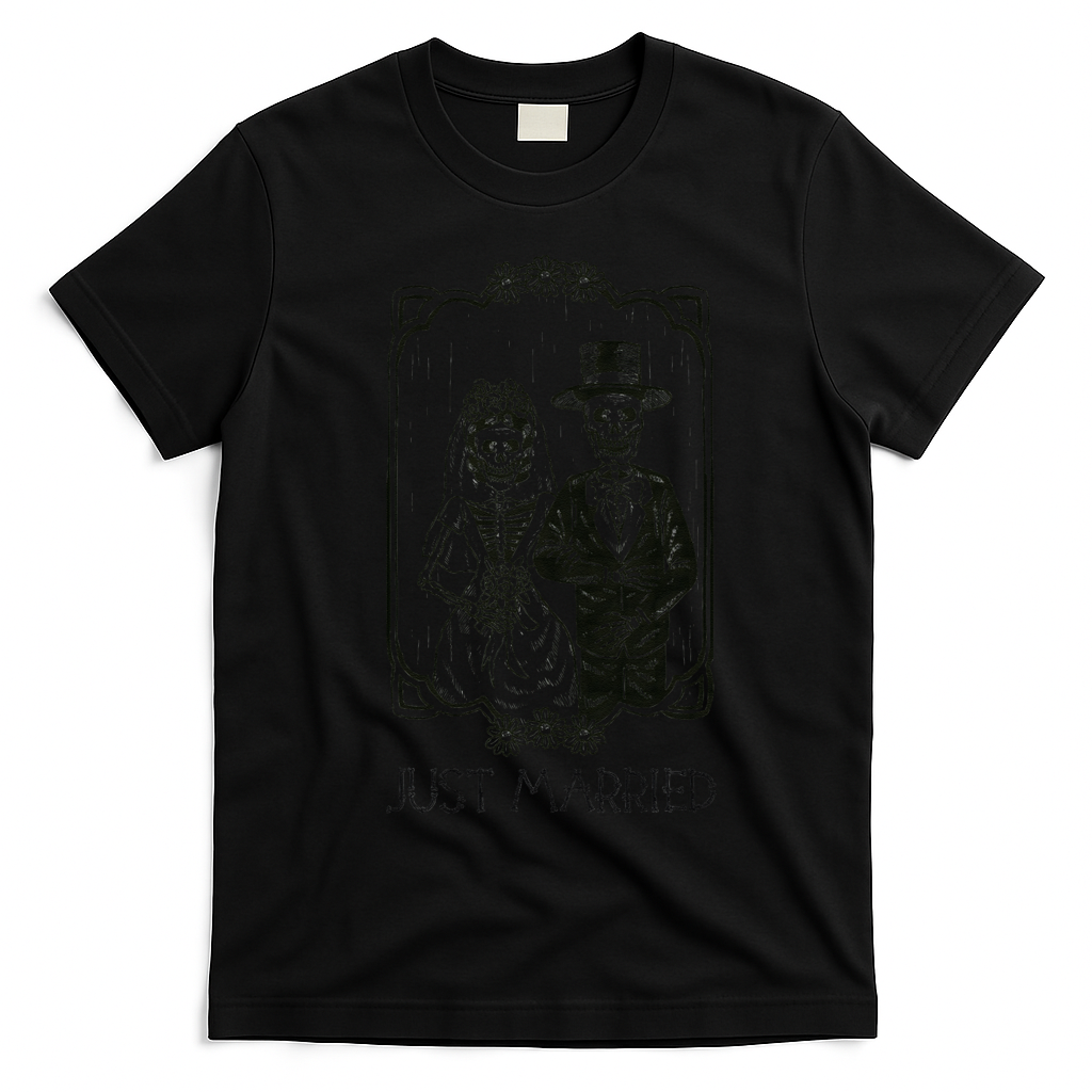 Halloween Skeletons Bride And Groom Just Married Funny T-Shirt - Black