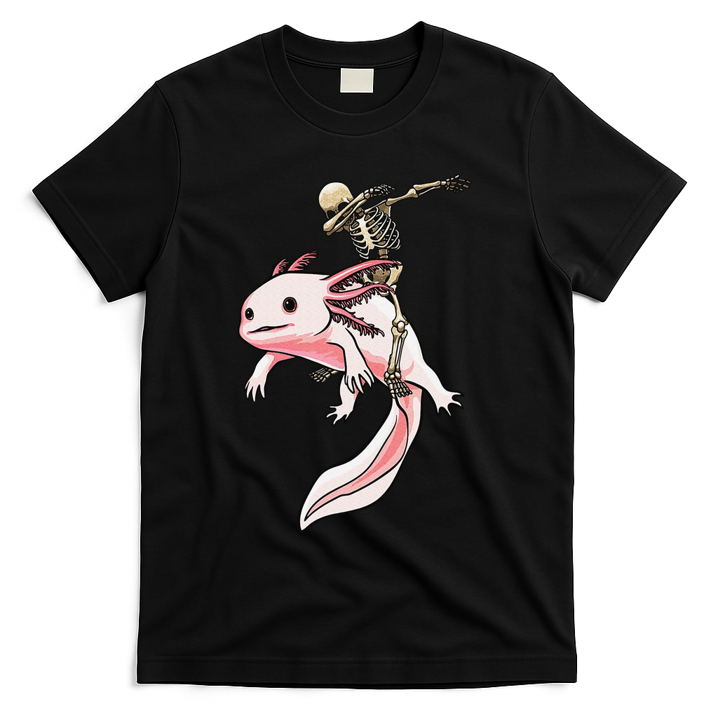 Halloween Skeleton Riding Axolotl Cute T-Shirt - Black