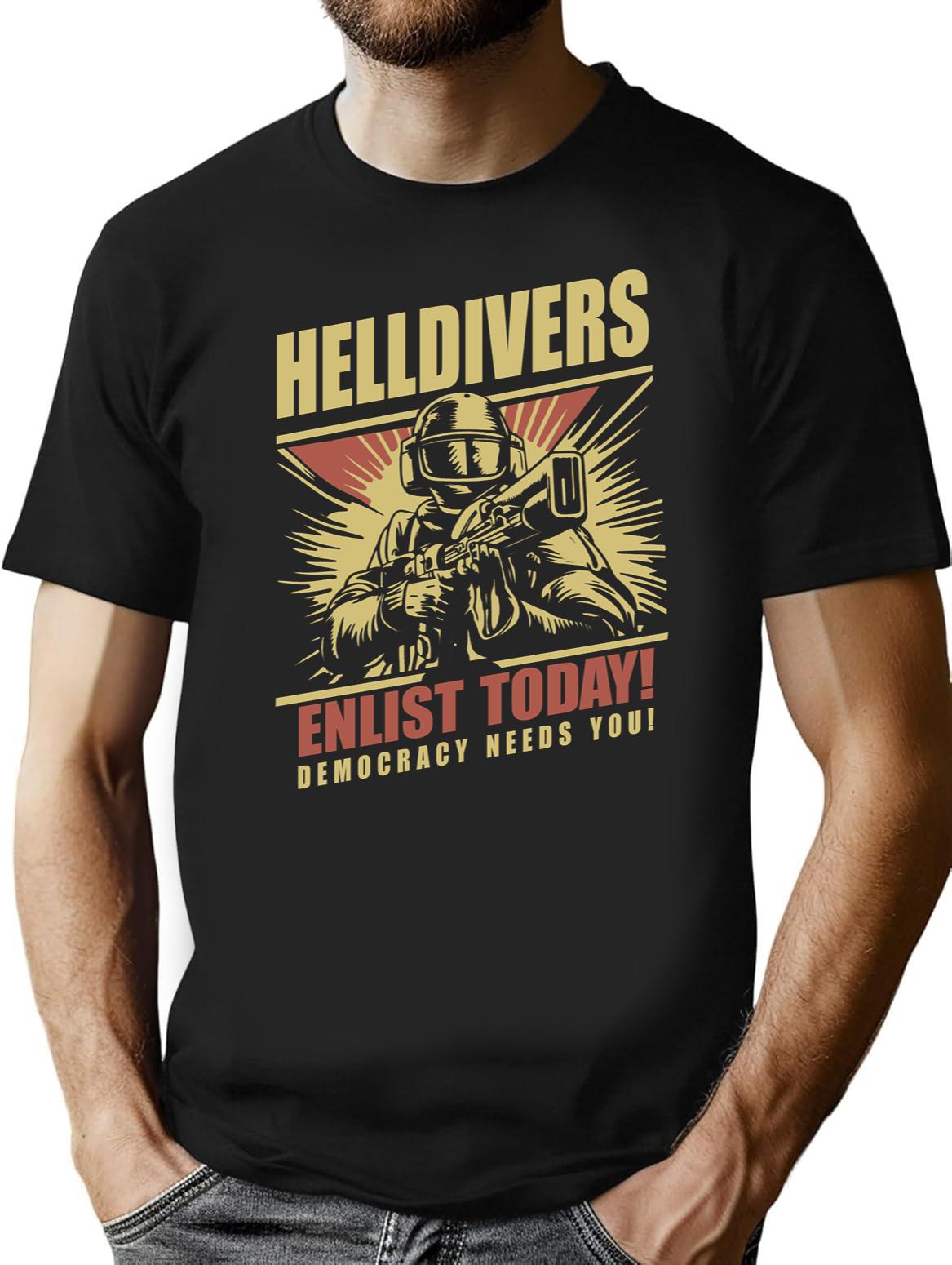 Helldivers 2 Enlistment Tee - Join The Fight for Democracy,Exclusive Sci-Fi Soldier Black T-Shirt - Black