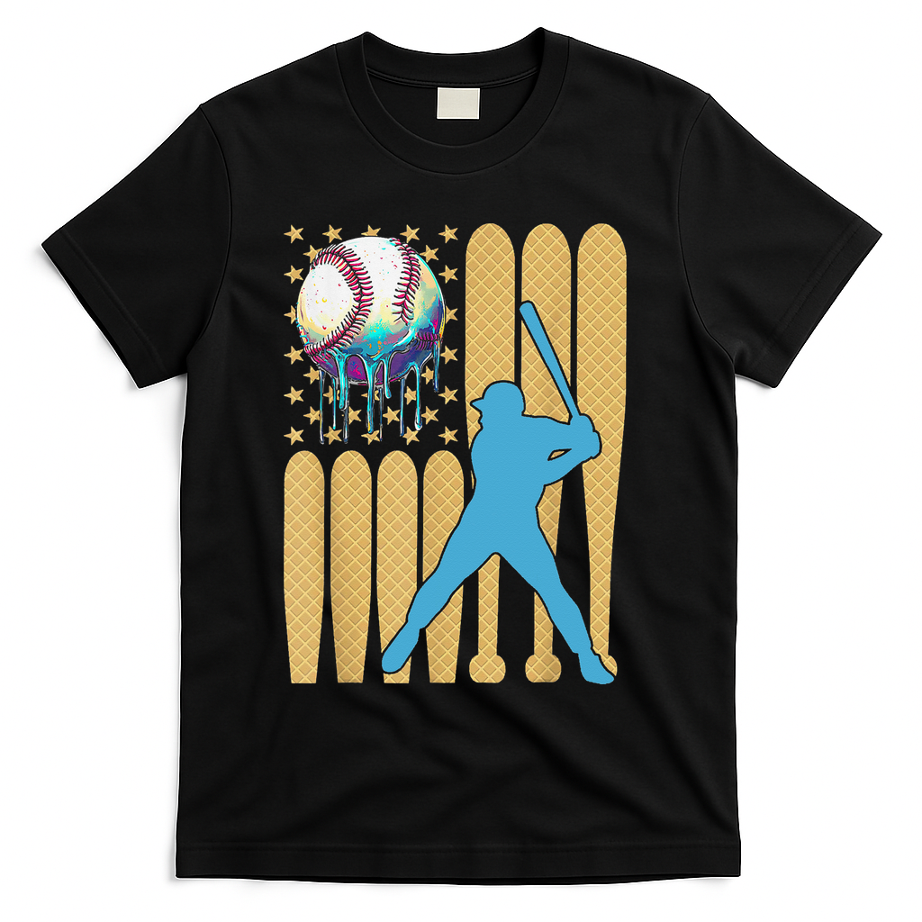Ice Cream Drip Baseball Bat Baseball Player 4th Of July T-Shirt - Black