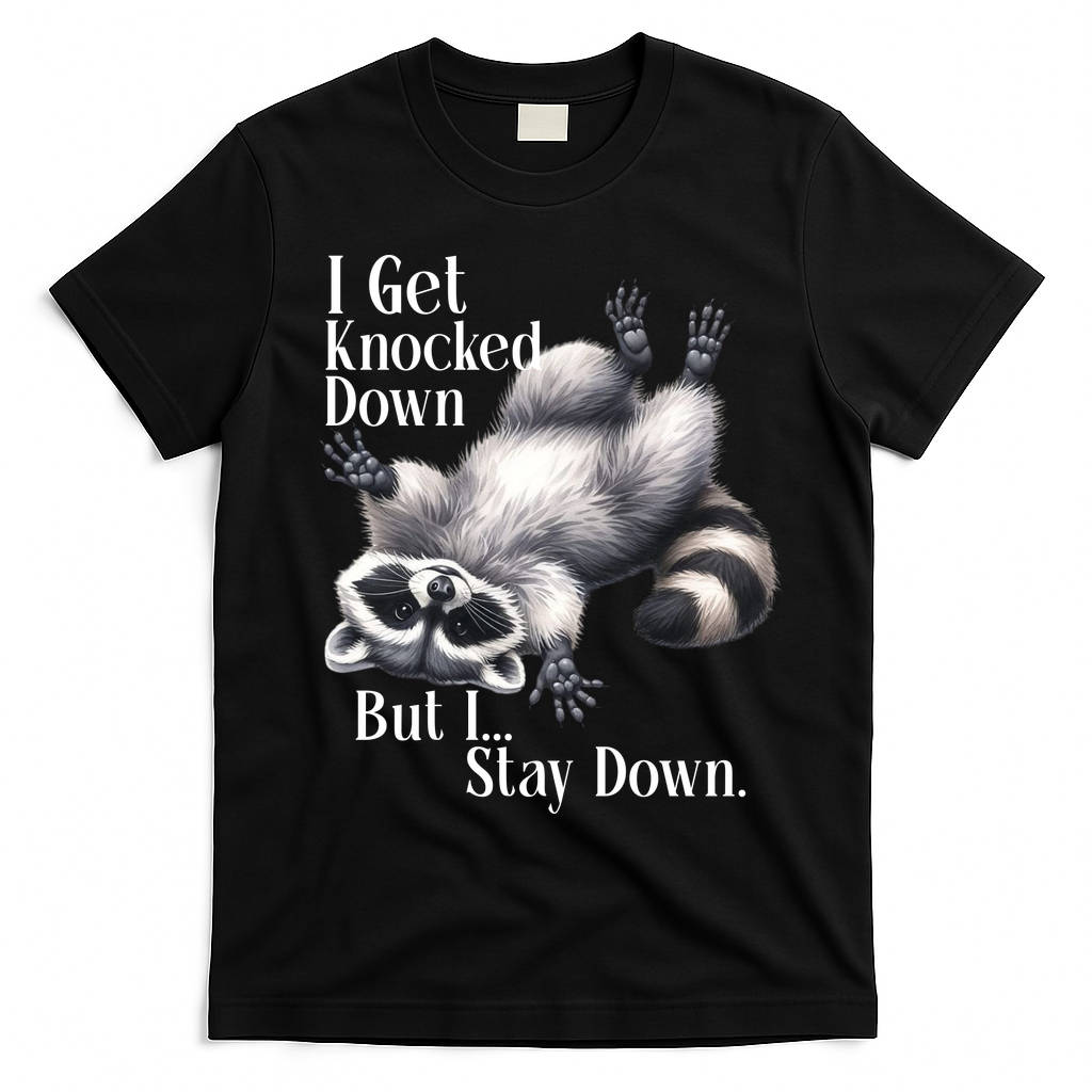 I Get Knocked Down But I Stay Down Funny Raccoon T-Shirt - Black