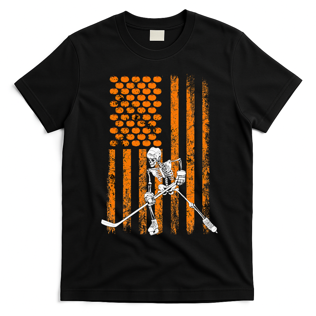 Ice Hockey Player Fan Gift Skeleton Halloween T-Shirt - Black