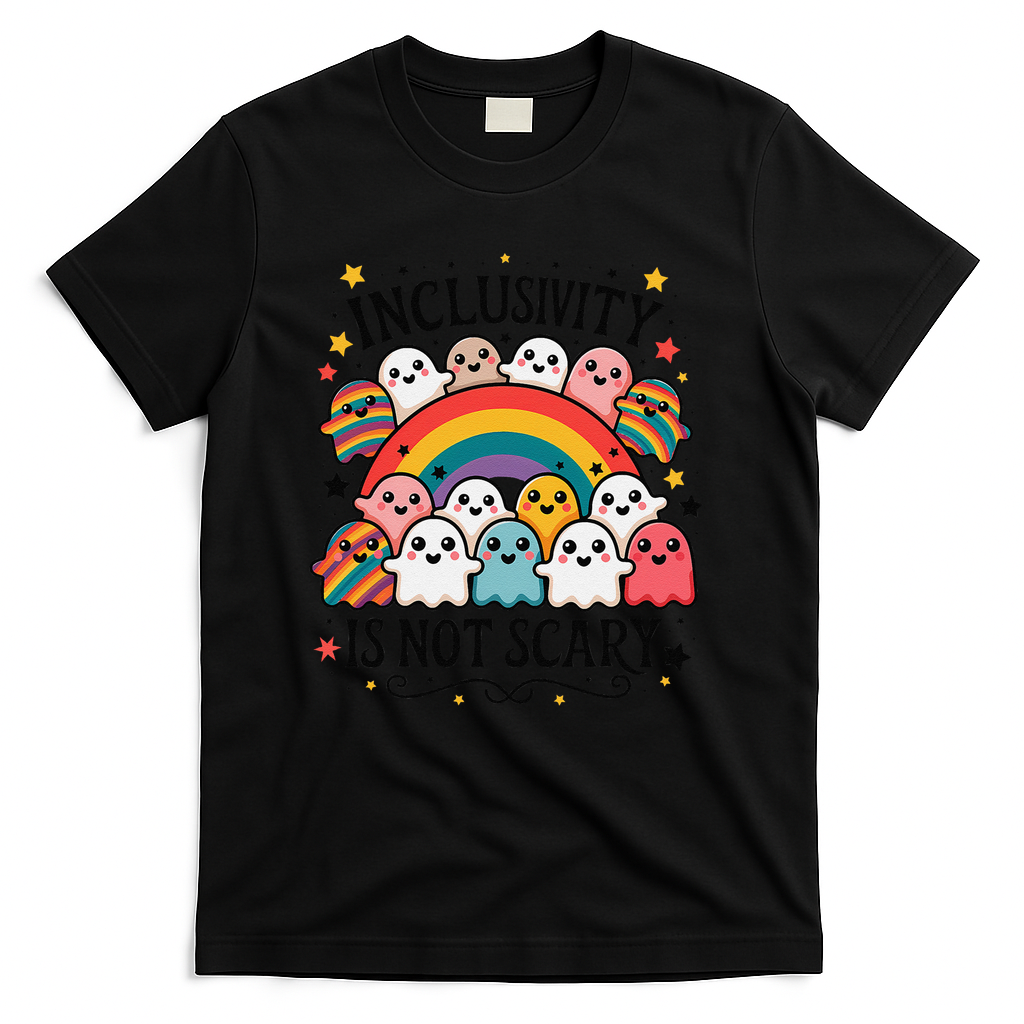 Inclusivity Is Not Scary Cute Ghost Welcome Here Funny T-Shirt - Black