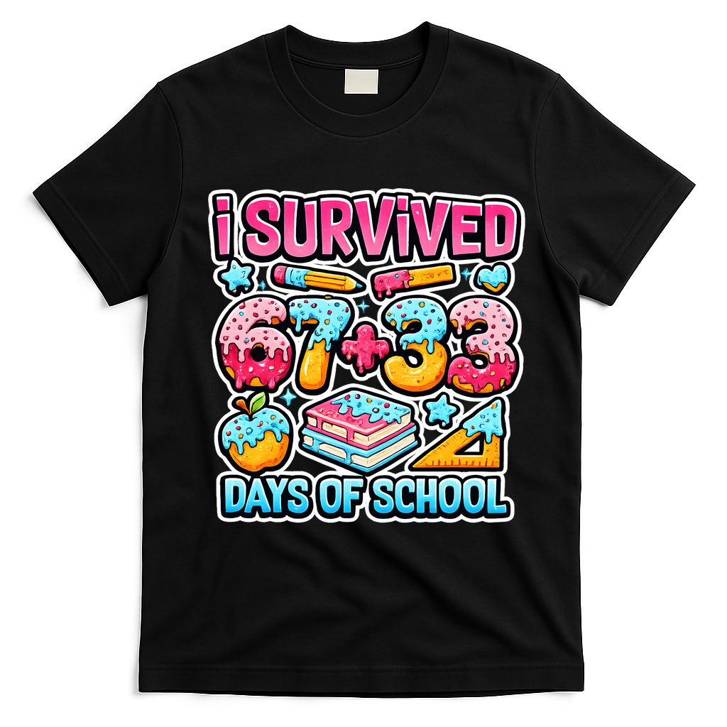 I Survived 67 33 Days Of School 100 Days Of School 6-7 Meme T-Shirt - Black