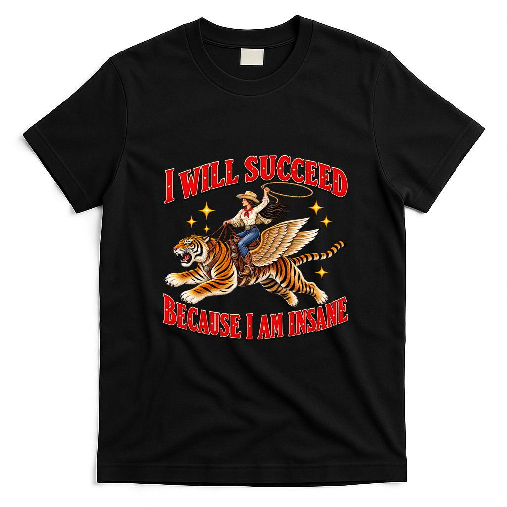 I Will Succeed Because I Am Insane Funny Cowgirl Tiger T-Shirt - Black
