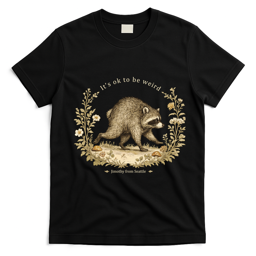 Jimothy From Seattle It’s OK To Be Weird Funny Raccoon T-Shirt - Black