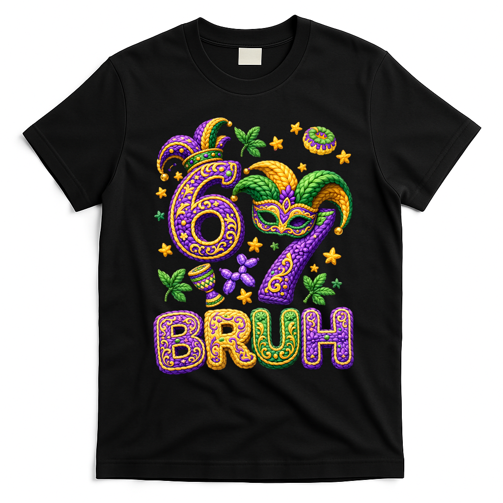Mardi Gras 67 Bruh Funny 6-7 Meme T-Shirt - Black