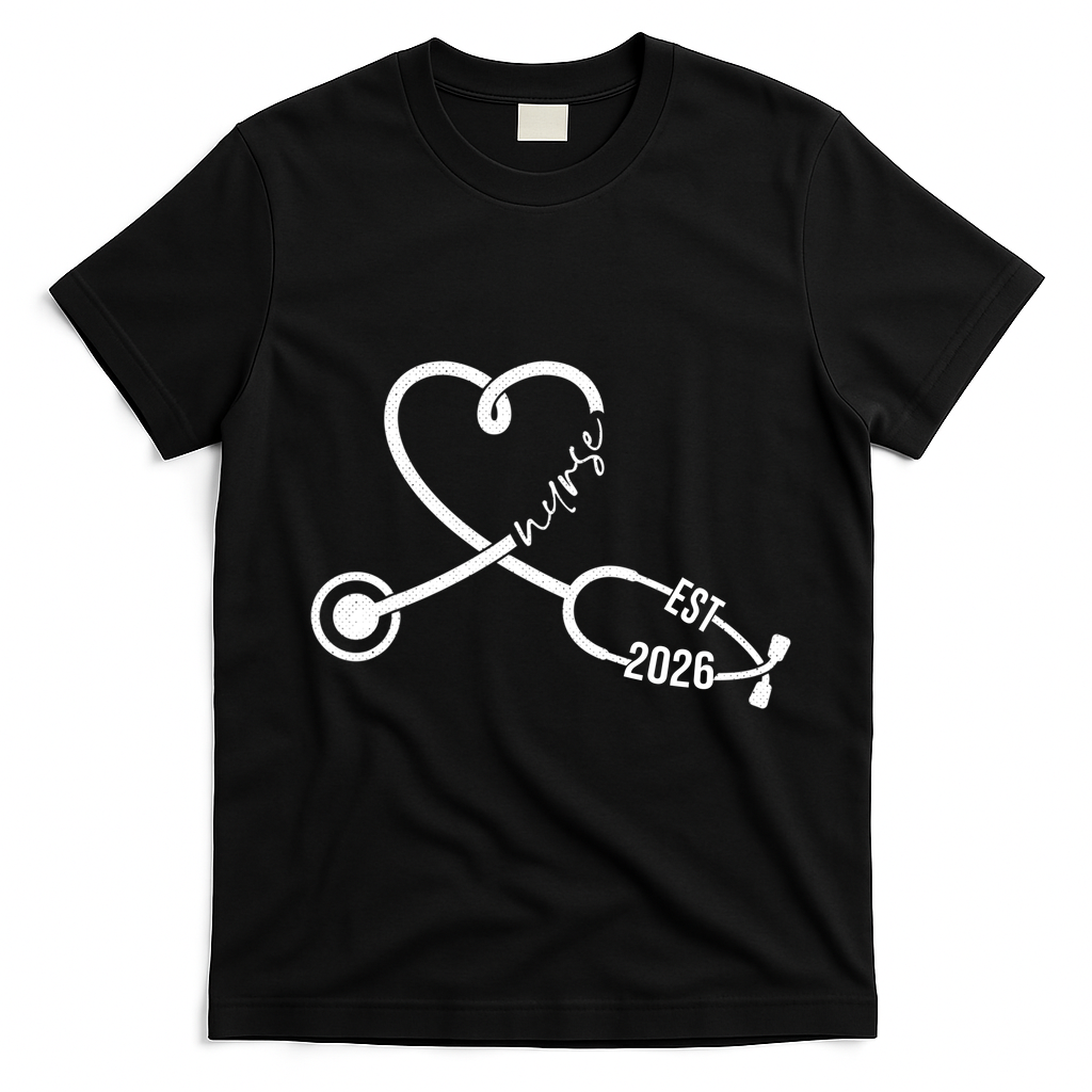 Nurse EST 2026 Cute Heart Stethoscope T-Shirt - Black