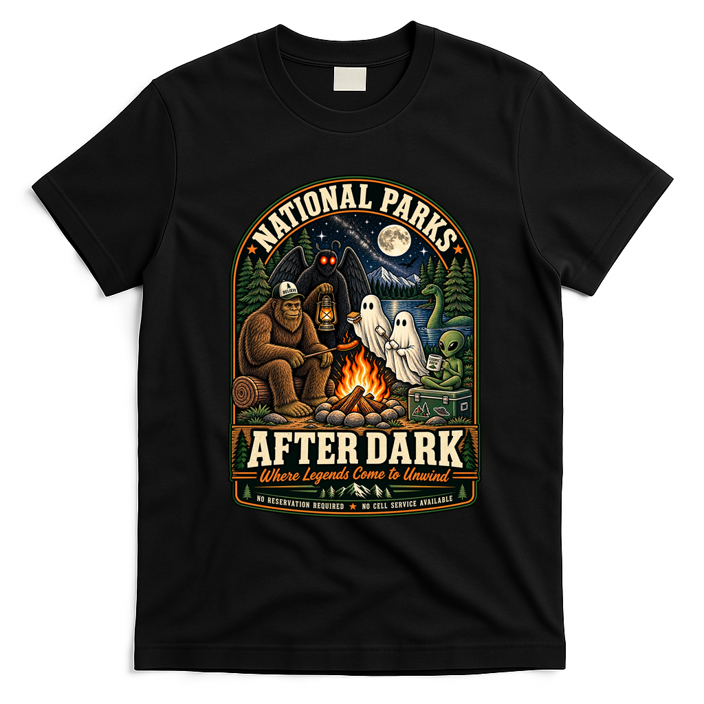 National Parks After Dark Sasquatch Bigfoot Ghost Halloween T-Shirt - Black