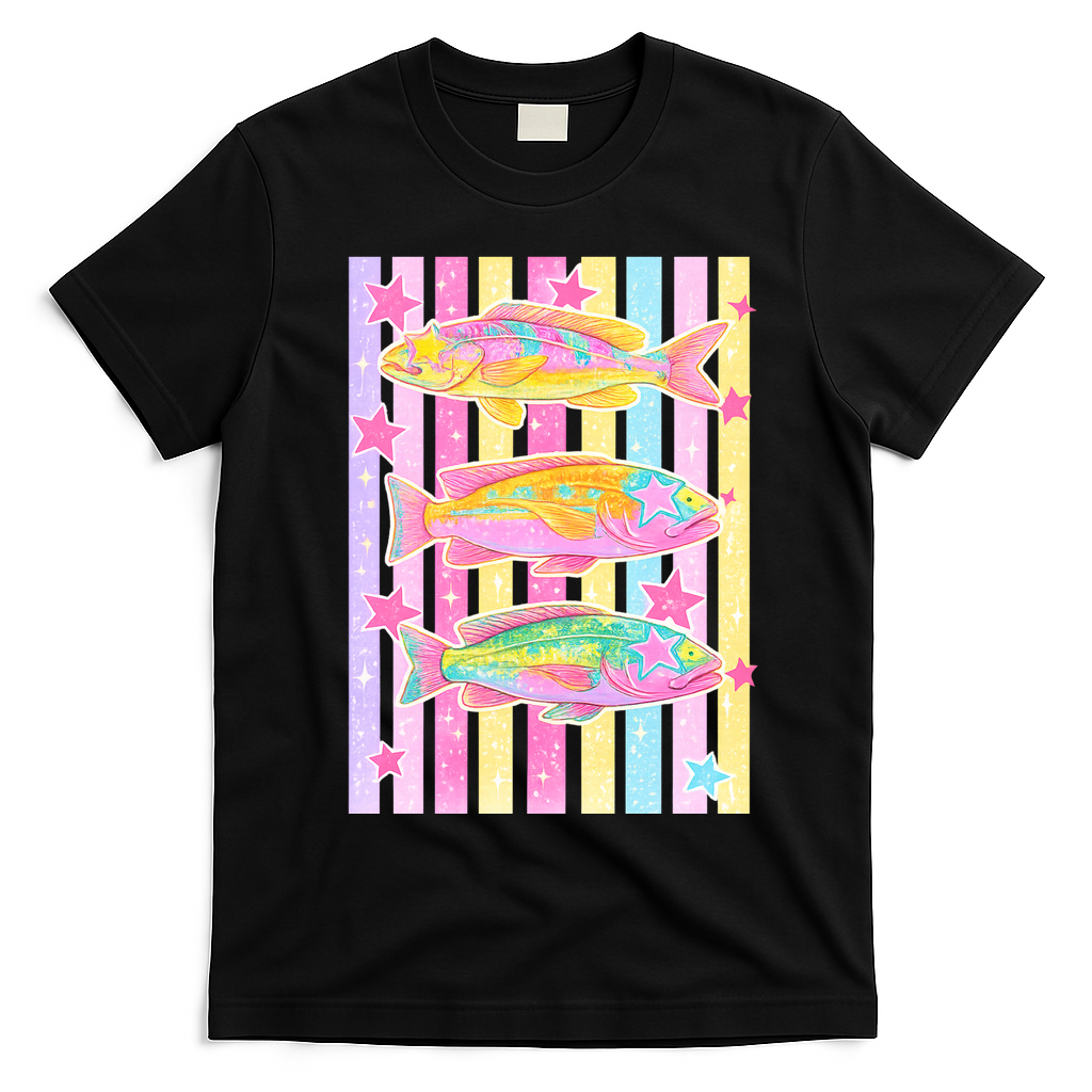 Neon Striped Fish Summer Beach Vibes T-Shirt - Black