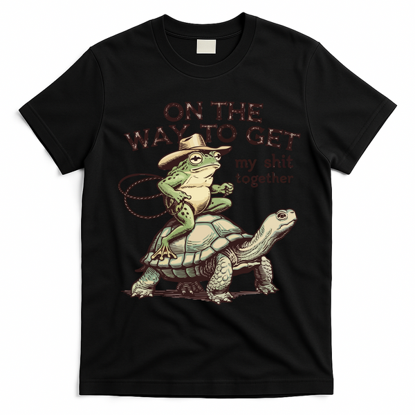 On The Way To Get My Shit Togther Cowboy Frog Turtle T-Shirt - Black