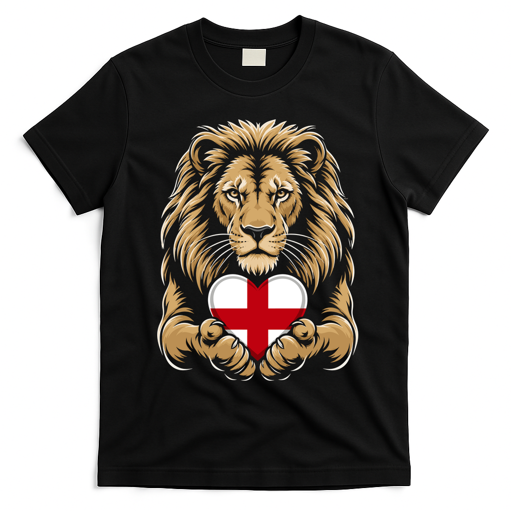 Proud England Lion Engaging Heart English Flag Emblem Gift T-Shirt - Black