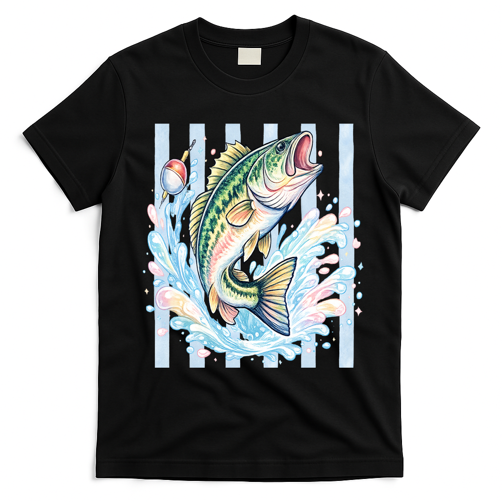 Pastel Fishing Retro Striped T-Shirt - Black