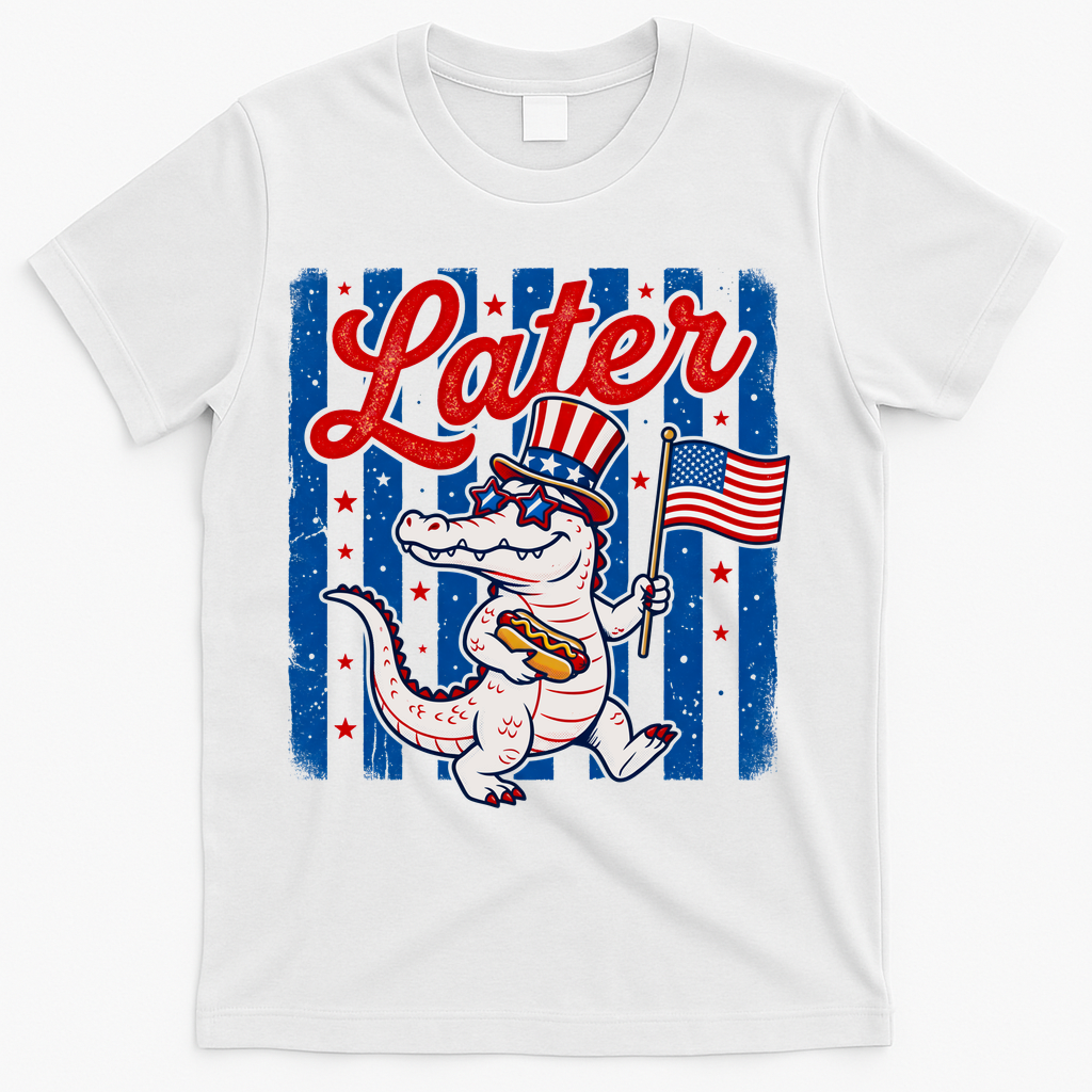 Patriotic Later Alligator USA American Flag Fourth Of July 250th Anniversary T-Shirt - White