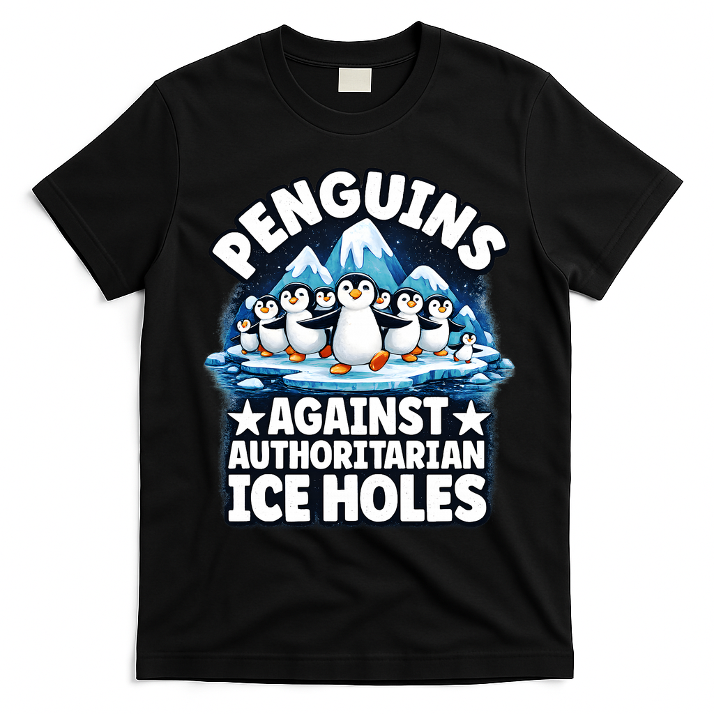 Penguin Protest Anti Authoritarian Stop Ice Hole T-Shirt - Black