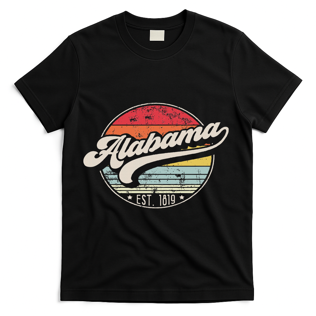 Retro Alabama Home State Al Cool 70s Style Sunset T-Shirt - Black