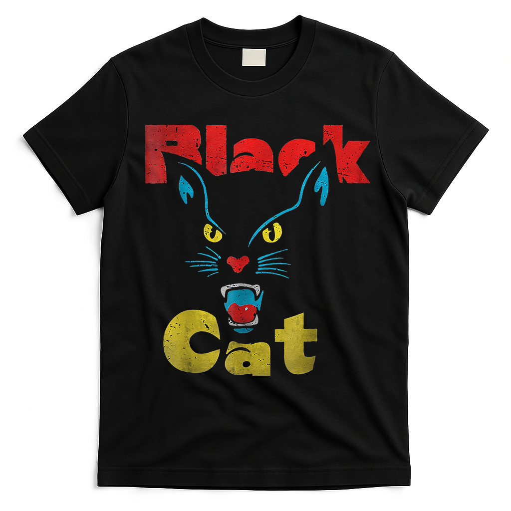 Retro Black Cat Retro Fireworks Vintage Halloween T-Shirt - Black