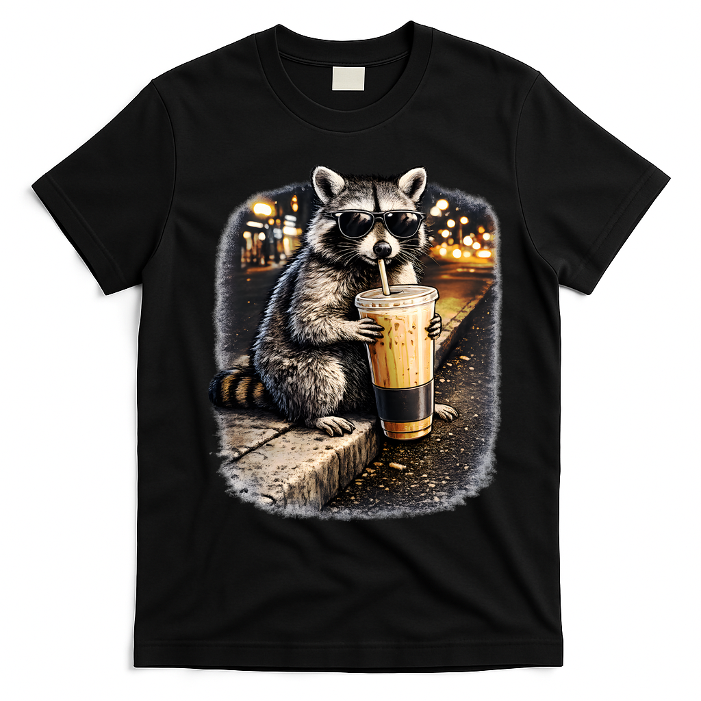 Raccoon Drinking Iced Coffee T-Shirt - Black
