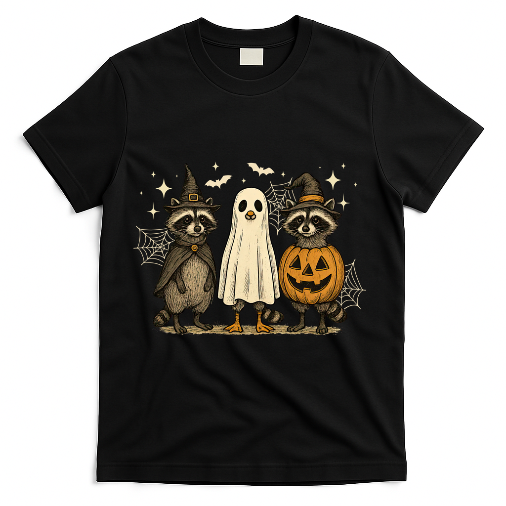 Retro Raccoon Witch Scary Halloween Pumpkin T-Shirt - Black