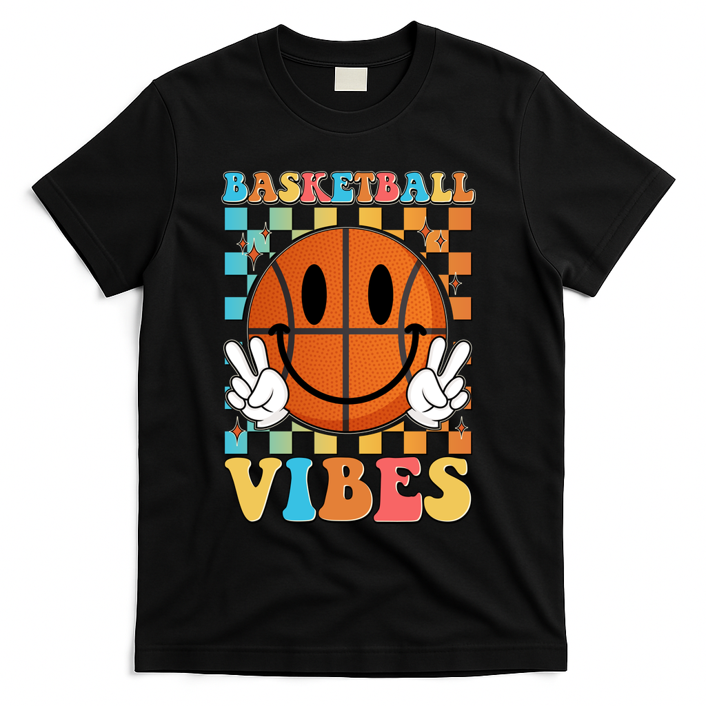 Retro Smiley Emoji Basketball Vibes T-Shirt - Black