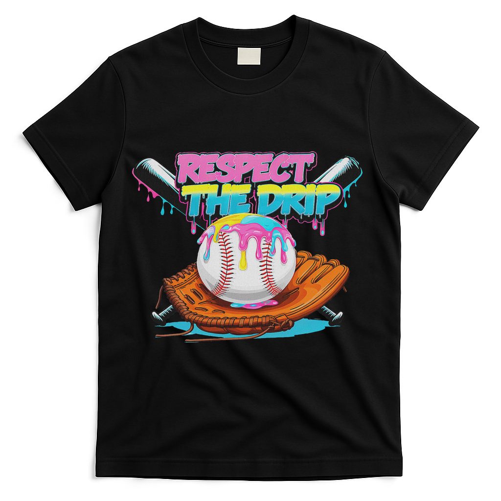 Respect The Drip Baseball Bat Glove Ice Cream Drip T-Shirt - Black