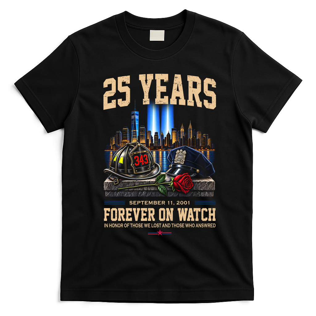 September 11th Memorial Tribute 9/11 25th Anniversary T-Shirt - Black