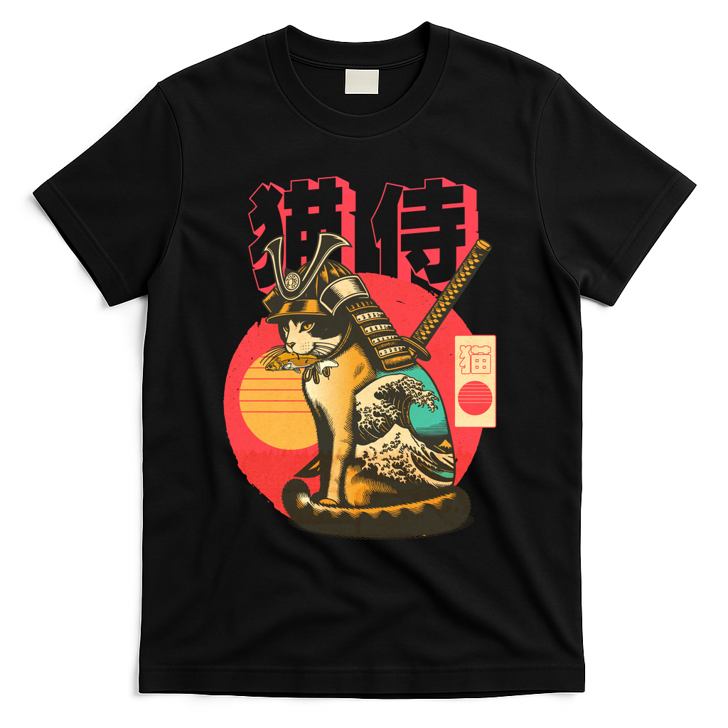 Samurai Cat Graphic T-Shirt - Black