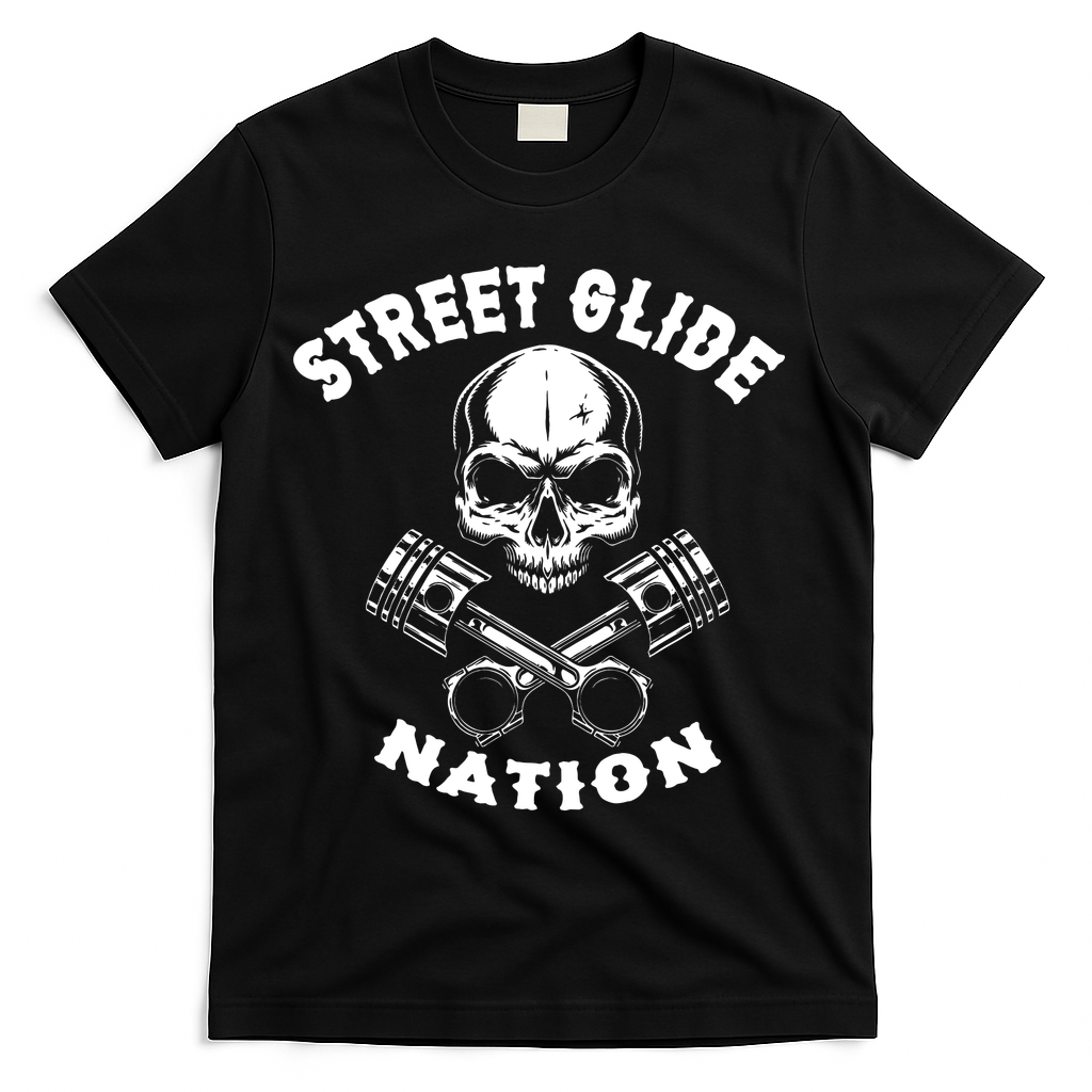Street Glide Nation Skull And Pistons Biker T-Shirt - Black