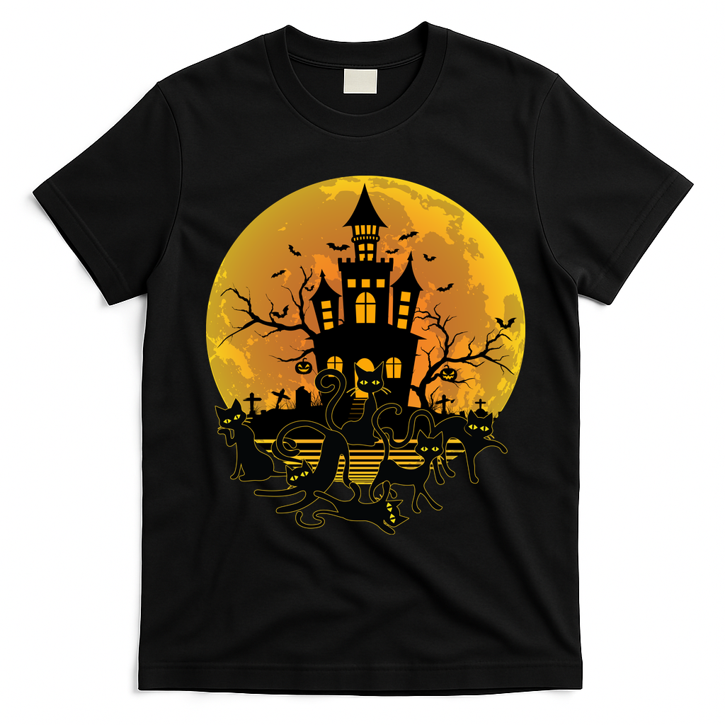 Spooky Halloween Castle Black Cats T-Shirt - Black