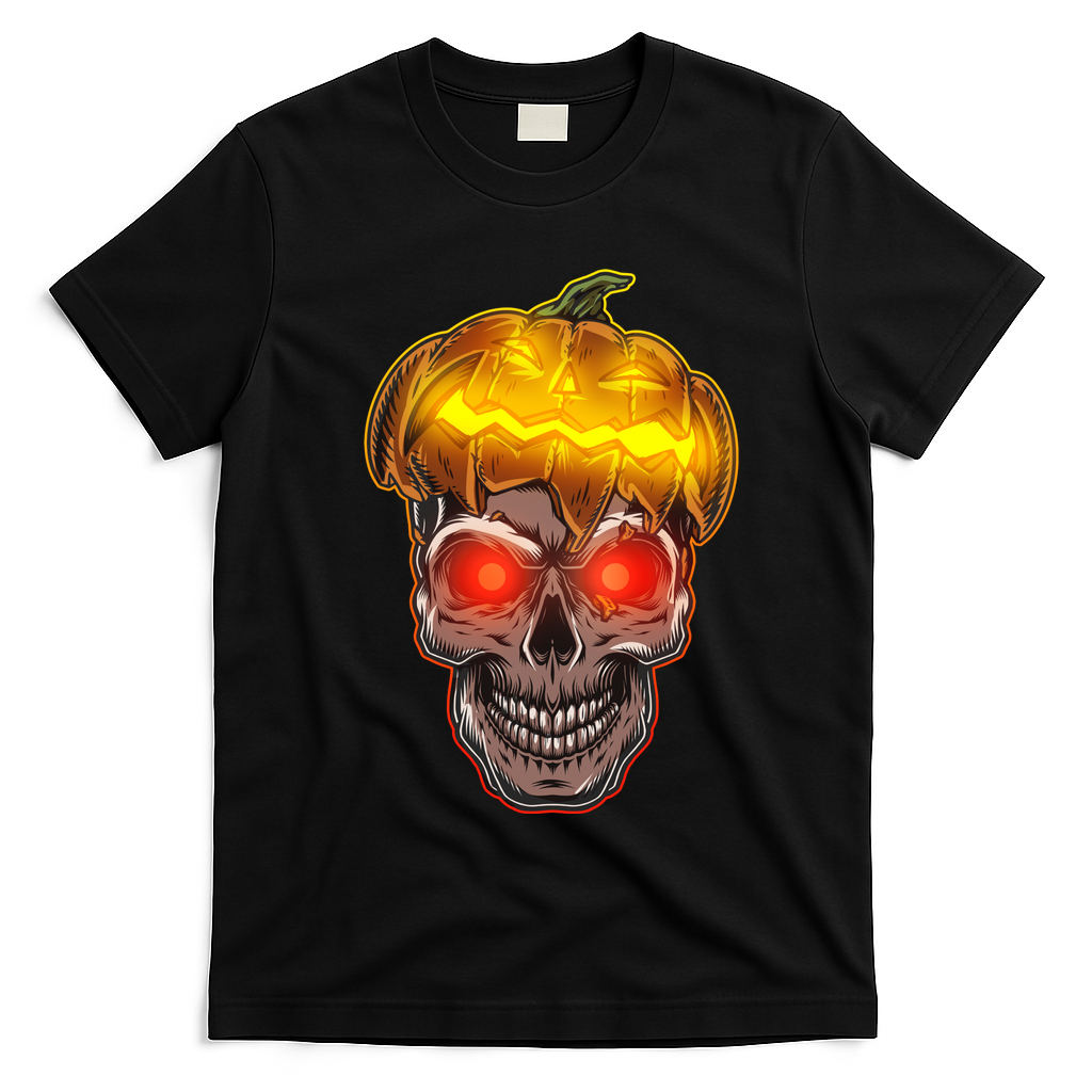 Spooky Halloween Glowing Pumpkin Skull Face T-Shirt - Black
