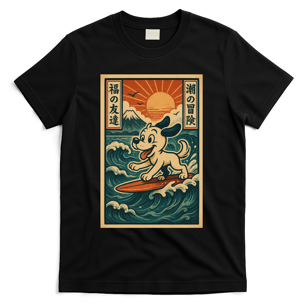 Surf Pup Adventure Vintage Japanese Wave Rider Dog Ukiyo-e T-Shirt - Black