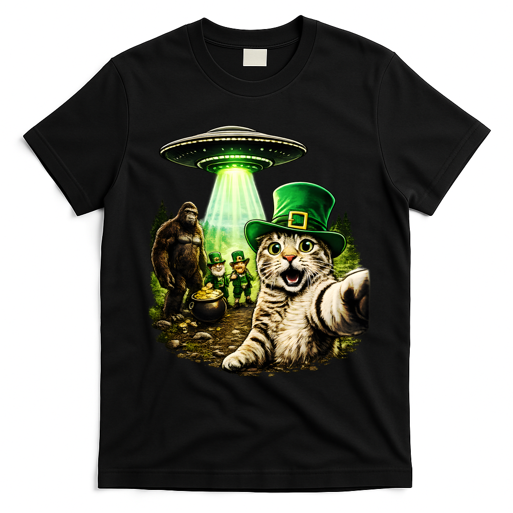 St Patricks Day Cat Selfie Leprechaun Bigfoot UFO T-Shirt - Black