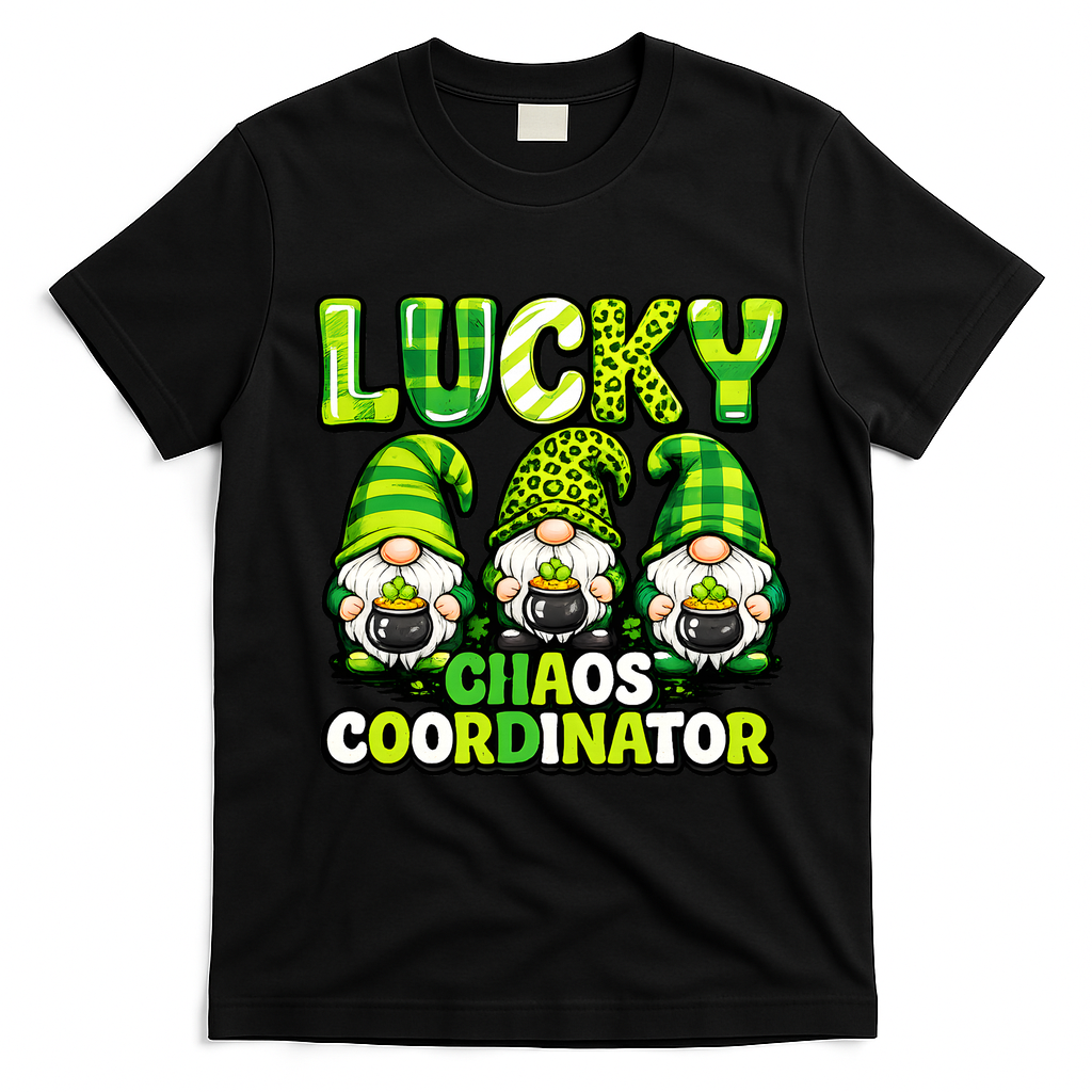 St Patrick's Day Lucky Chaos Coordonator Shamrock Irish Gnomes T-Shirt - Black