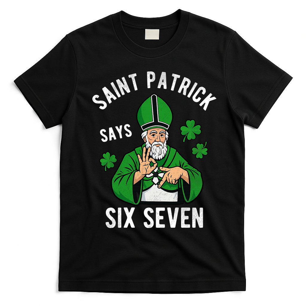 Saint Patrick Says Six Seven 6-7 Meme St Patrick's Day T-Shirt - Black